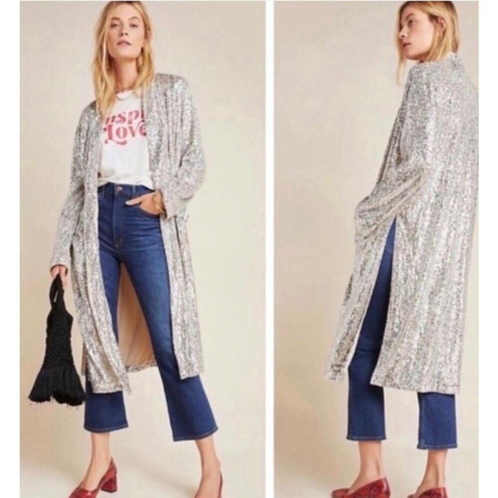 Steve Madden By BB Dakota Women's Silver Sequin Long Sleeve Open Front Jacket SM